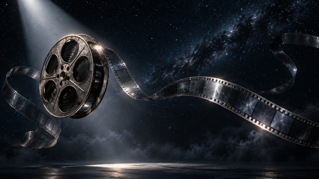 星空に浮かぶ映画フィルムとスポットライトのイメージ
