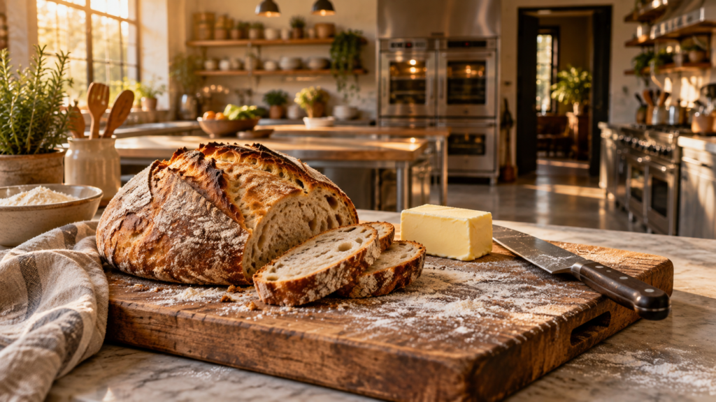 焼きたてのパンとバターが並ぶ料理教室のキッチンのイメージ